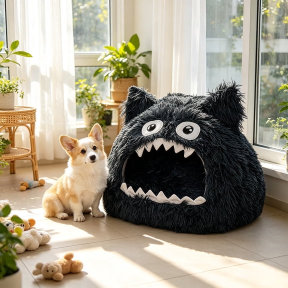 EBCUE Semi‑Enclosed Pet Bed with Bat Shaped Halloween Pet Supplies Removable Thick Warm Foldable Soft Hut, Cozy Secure Rest House for Small‑Medium Cats Dogs Household Indoor Supplies