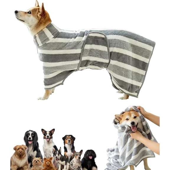 Quick Drying Dog Bath Robe, Super Absorbent Striped Towel, Adjustable Full Wrap Quick Dry Pet Robe with Belly Band for Small Medium Large Dogs After Bath (Gray, XXS)