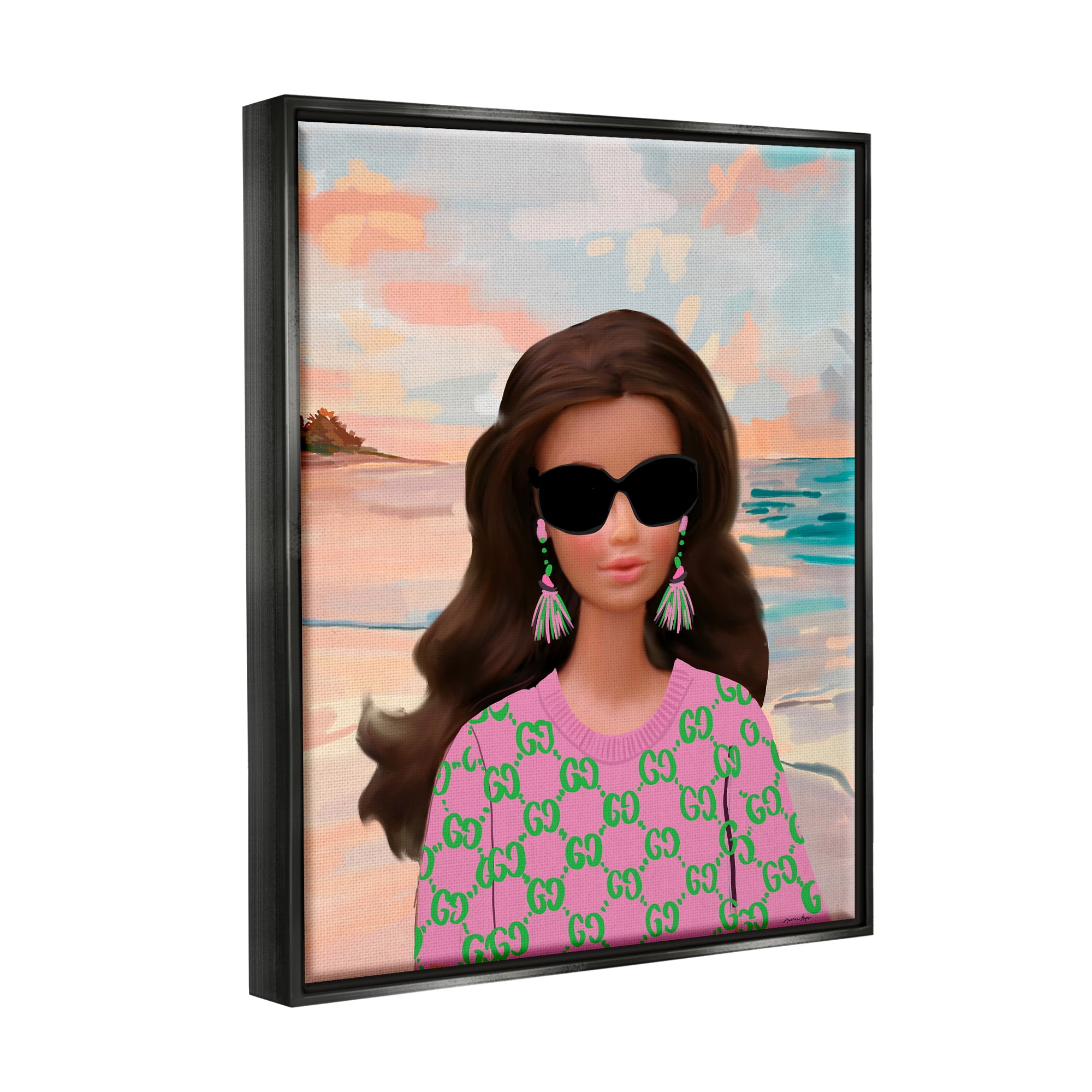 Stupell Industries Abstract Fashionista on Beach Landscape Painting Black Floater Framed Canvas Art Print Wall Art, 17 x 21