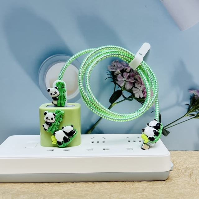5pcs Cute Panda Climbing Column Design TPU Wall Charger Protective Case And 55.12 Inch Data Cable Protective Case Suitable For IPhone Mobile Phone 20W Fast Charging Data Cable