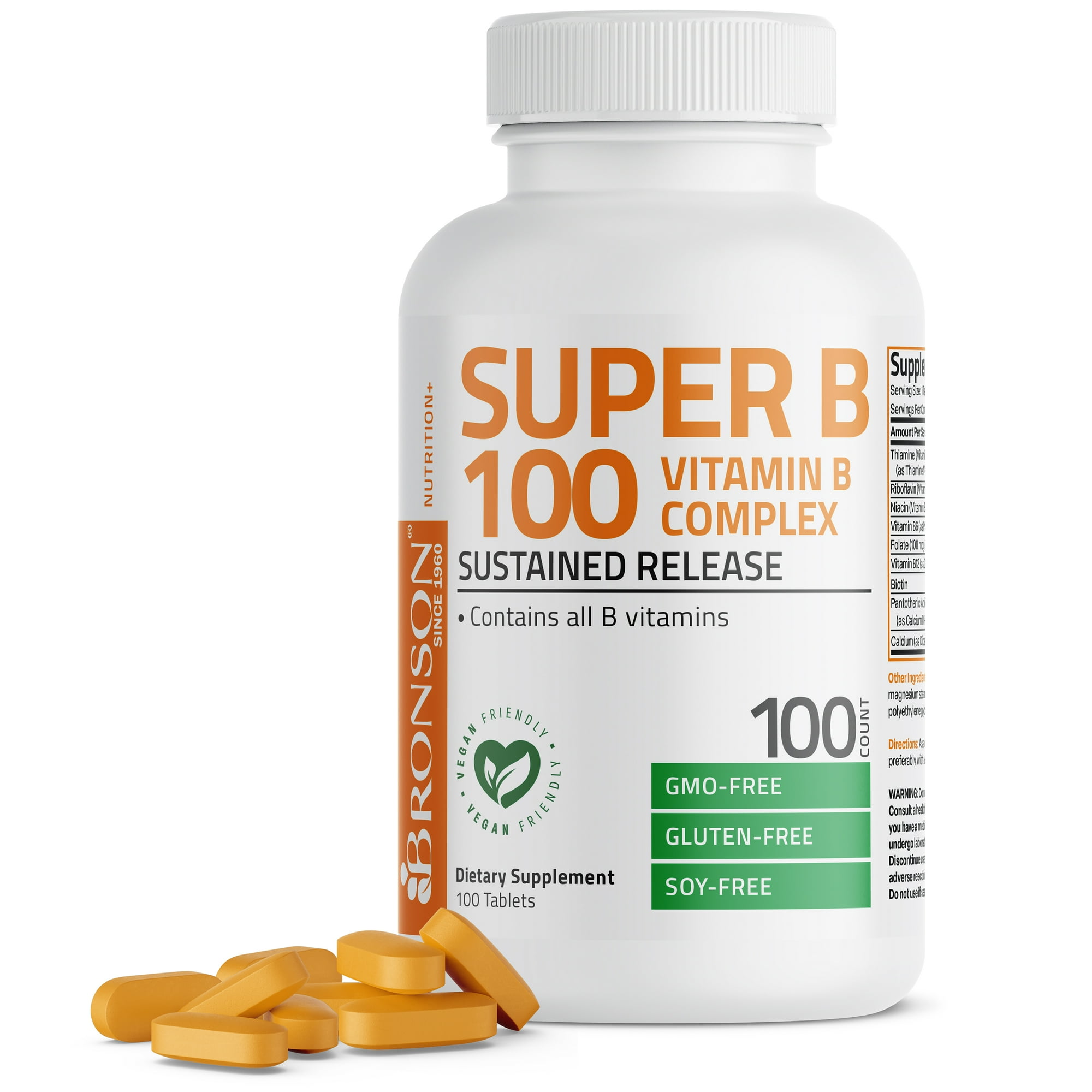 Bronson High Potency Super Vitamin B 100 Complex Sustained Slow Release, 100 Tablets