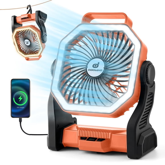 Ventilador de camping Odoland de 2000 mAh con luz LED, batería de 10 horas, color naranja