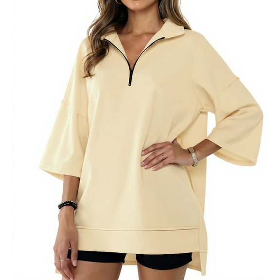 Women’s Casual Pullover Hoodie – Loose Fit Zip V-Neck 3/4 Sleeve Sweatshirt Top with High Low Hem, Comfortable Lightweight Blouse for Daily Wear Beige