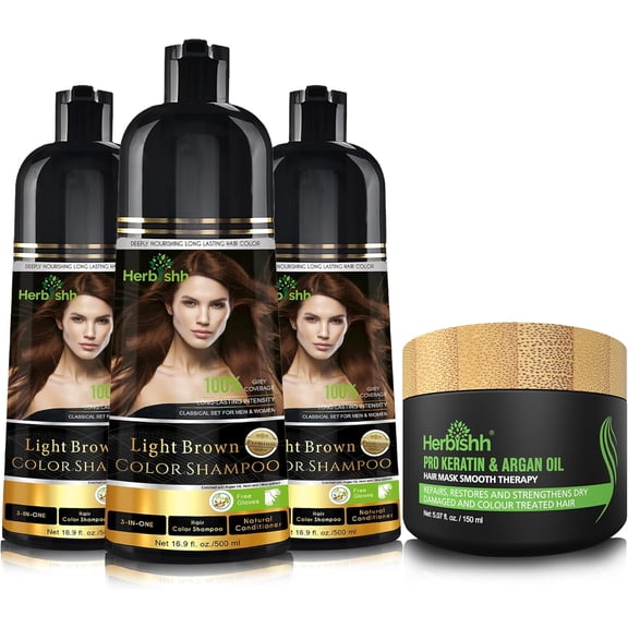 Herbishh Ultimate Hair Color Shampoo Kit (3pcs Hair Color Shampoo Dye 1 Argan Hair Mask) Smooth and Long Lasting Color Shampoo for Grey Hair Men & Women Easy & Quick to Use-Combo4 (Light Brown)