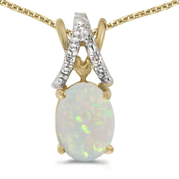 10k Yellow Gold Oval Opal And Diamond Pendant with 16" Chain
