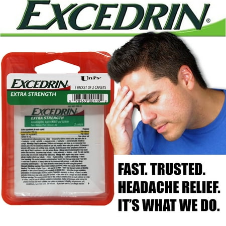 Uni's Excedrin Extra Strength 6 Count Single Dose Relief 2 Caplets per pack. Helps Relieves Headache, Toothache, Backache, Menstrual Cramps, Common Cold, and Muscular
