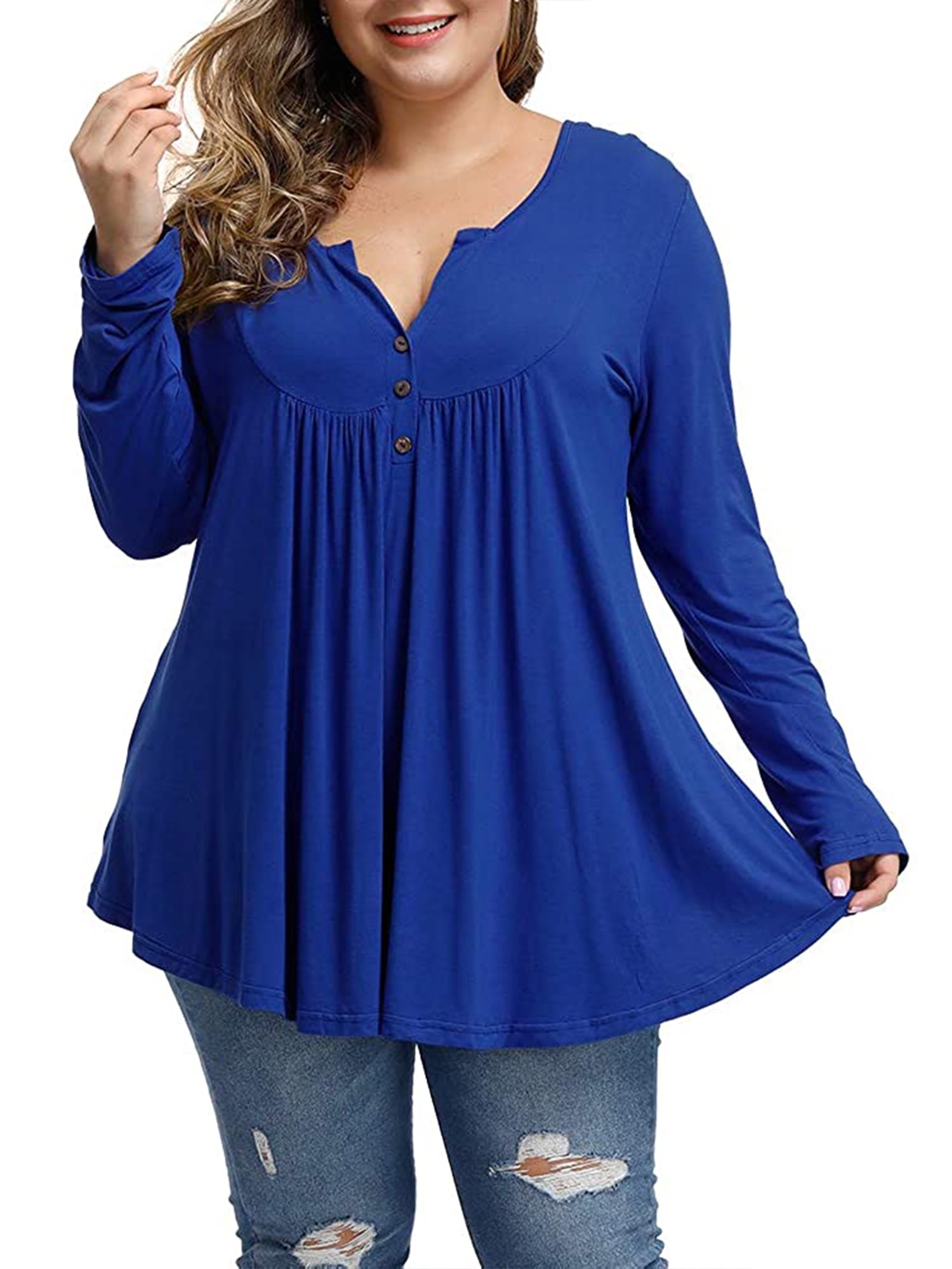 Women's Plus Size Henley Shirt Long Sleeve Henley V Neck Tunic Tops Buttons Up Pleated Blouse Shirts