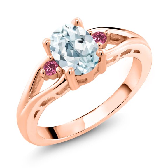 Gem Stone King 18K Rose Gold Plated Silver Sky Blue Aquamarine and Pink Tourmaline 3 Stone Engagement Ring for Women | 1.26 Cttw | Oval 8X6MM | Round 2MM | Gemstone March Birthstone | Size 6