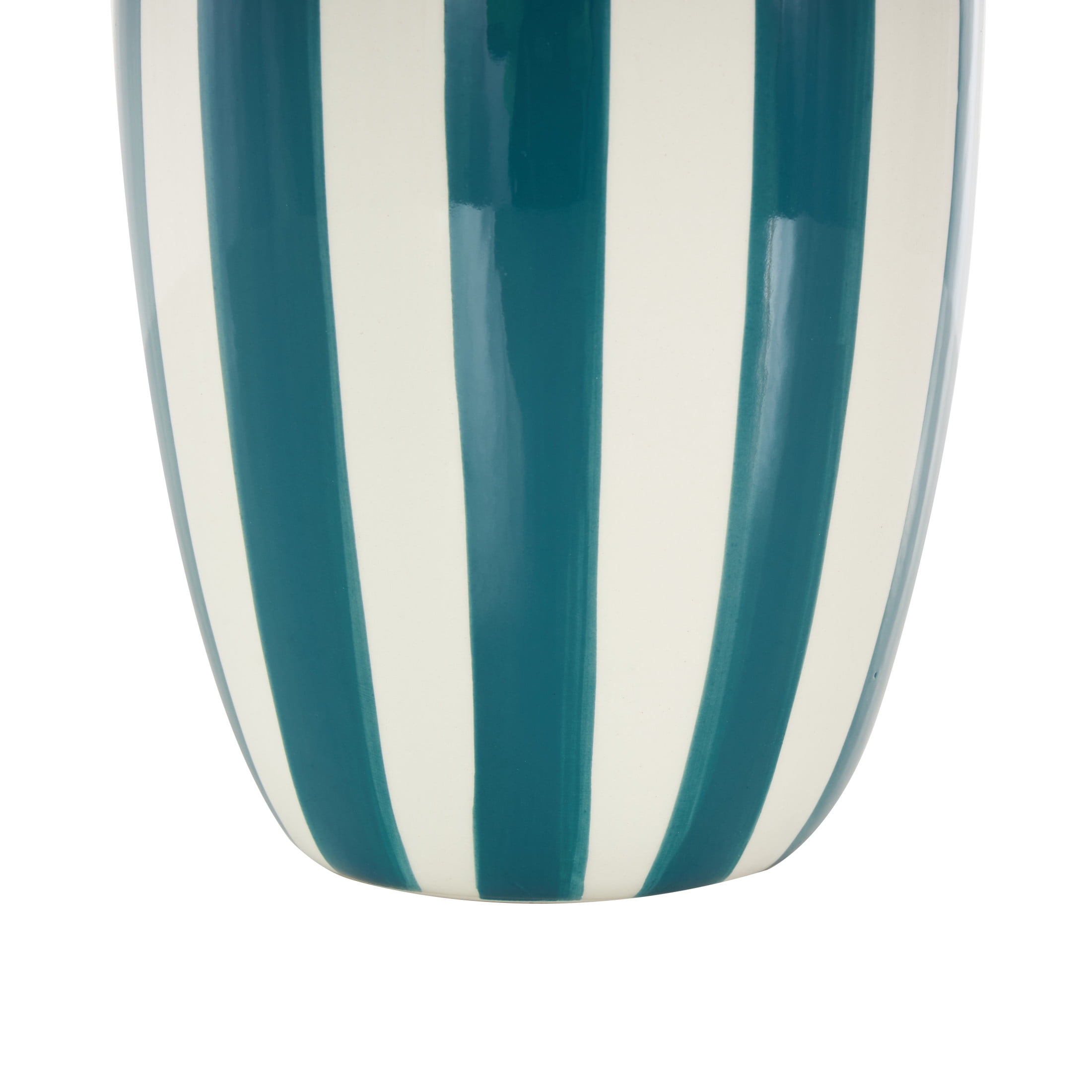 DecMode 10" Round Wide Teal Ceramic Vase with White Vertical Stripes