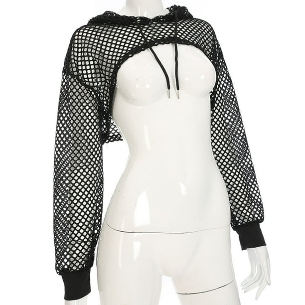 トップス short long sleeves mesh hoodie Women Long Sleeve Mesh Fishnet Hoodie Crop Top Neon Solid