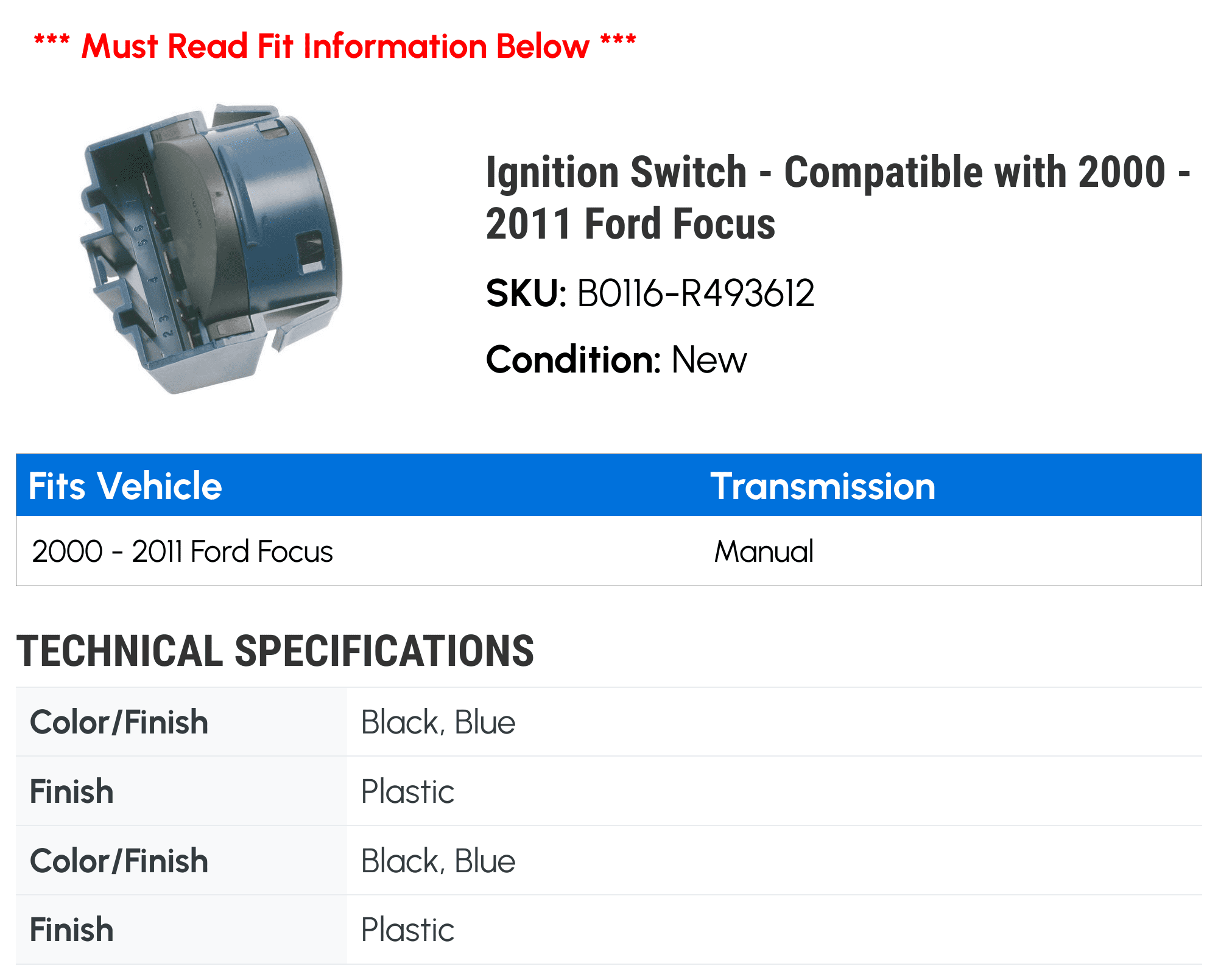 Ignition Switch - Compatible with 2000 - 2011 Ford Focus 2001 2002 2003 2004 2005 2006 2007 2008 2009 2010
