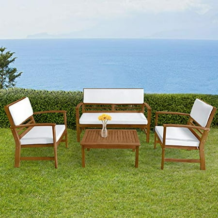 Outdoor Furniture Northern Beaches Patio Sofa Set Outdoor Chat Set Patio Conversation Set 4-Piece Acacia Wood Outdoor Seating Set with Water Resistant Cushions and Coffee Table for Pool Beach Backyard Balcony Garden,Natural Oiled ()