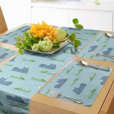 

Animal Table Runner & Placemats Hippo and Crocodile in Water Friendly Animals Cartoon Set for Dining Table Decor Placemat 4 pcs + Runner 12 x72 Slate Blue Pale Blue by Ambesonne