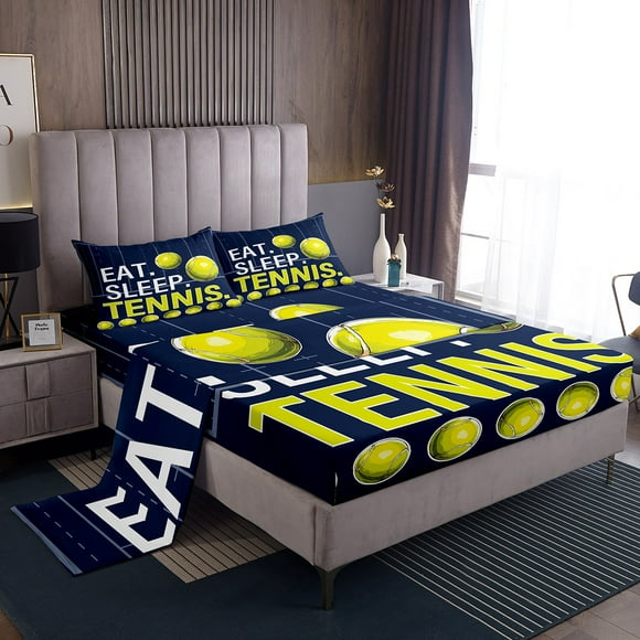 Erosebridal Sport Bed Sheets Full, Tennis Print Sheet Set Full, Ball Game Decor, 4pcs (Top Sheet, Fitted Sheet, Pillowcase)