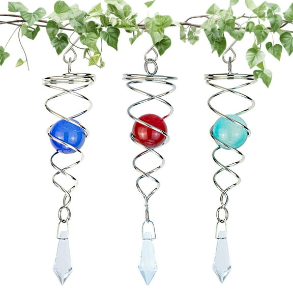 3PCS Gazing Ball Spiral Tail, Prefdo 4.5 inch Metal Wind Spinner Stabilizer, Crystal Glass Ball with Hanging Swivel Hook, Outdoor Yard Garden Wind Spinner Decorations(Royal Blue,Red,Lake Blue)