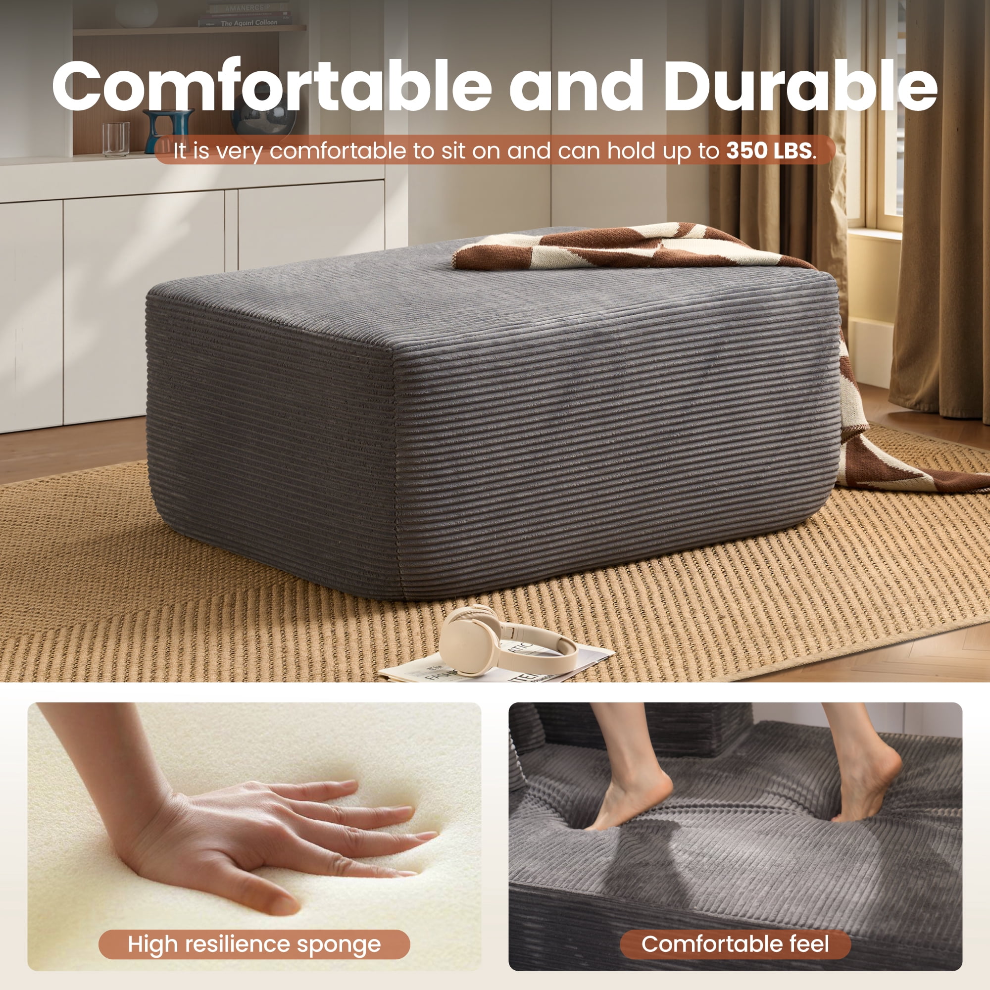 Ovios Oversized Ottoman Footrest for Sofa Large Corduroy Pouf Ottoman Coffee Table Rectangle Floor Bench Extra Seating for Living Room, No Assembly, Gray