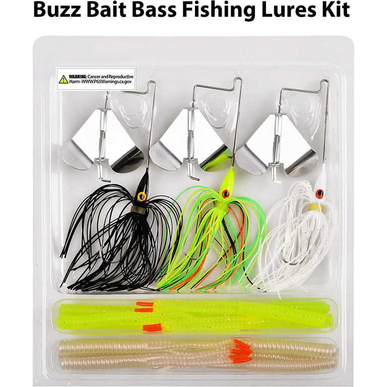 Bass Fishing Spinner Lures Kit Buzz Baits with Split Tail Spinnerbait Jigs  Spinning Lure Soft Plastic Worm Baits for Bass Pike Trout Fishing
