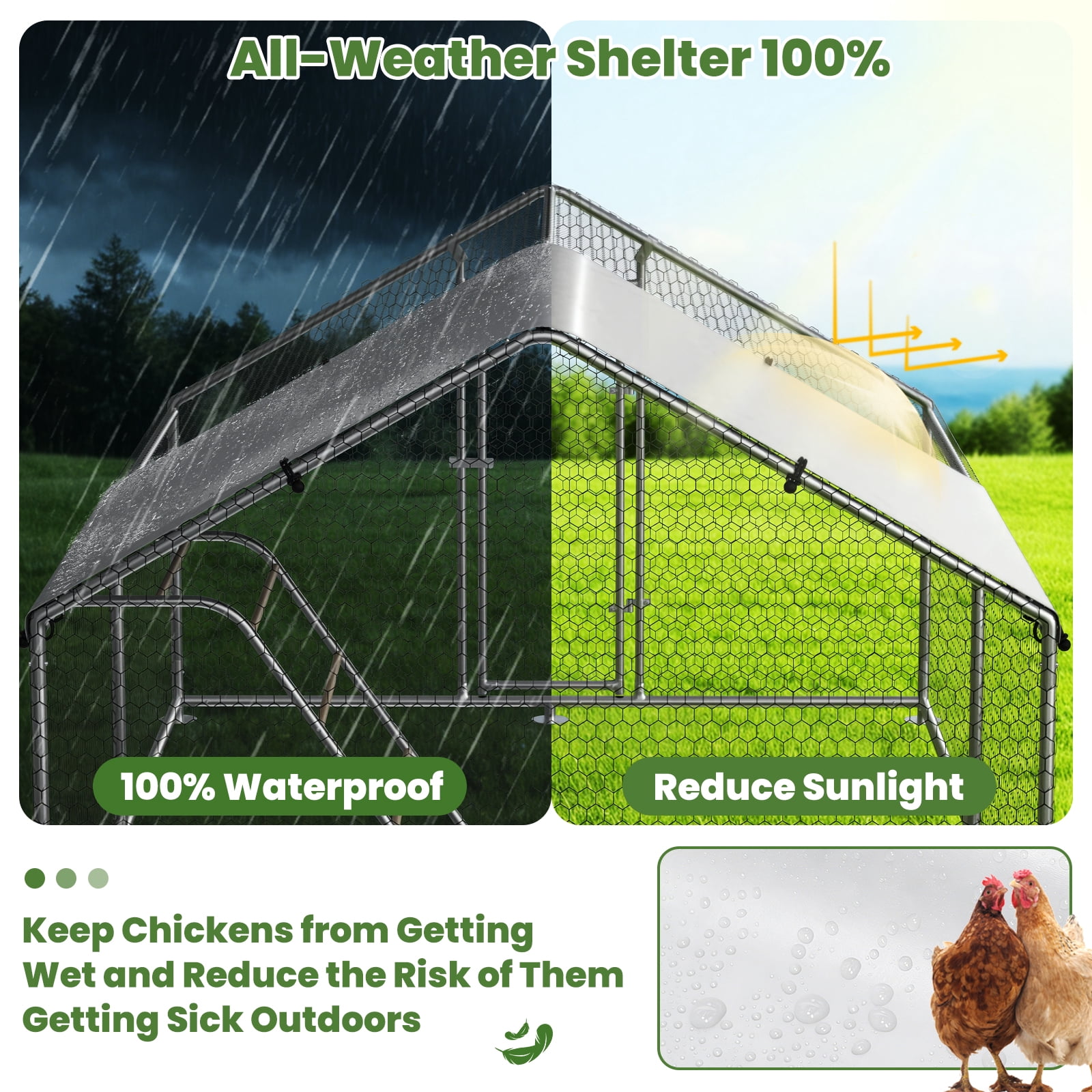 YOKWOK 9.8‘Lx10'W Large Metal Chicken Coop with Climbing Frame, Outdoor Walk-in Poultry Cage Heavy Duty Chicken Runs Hen House with Waterproof Anti-UV Cover for Yard and Outdoor Farm, Spire Roof