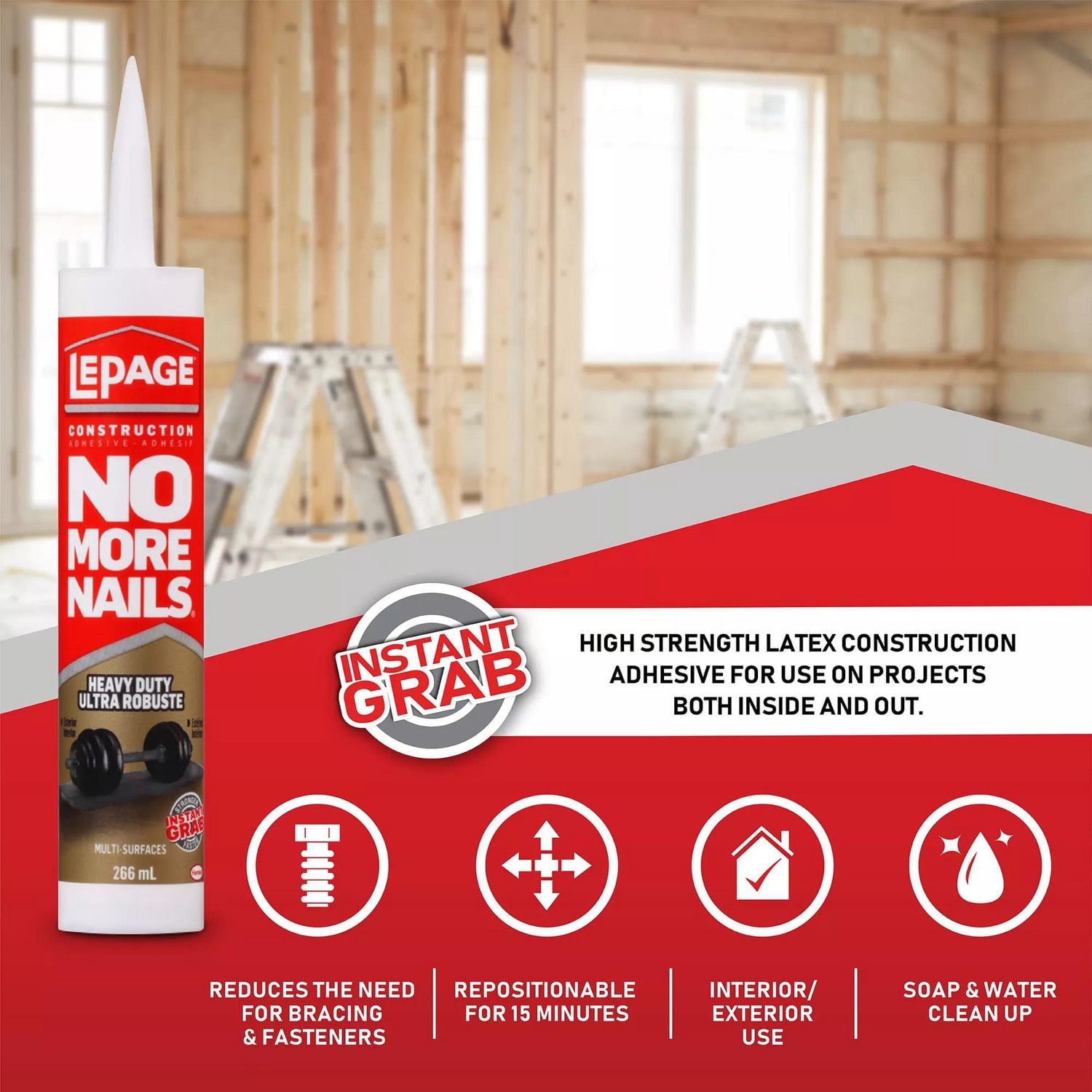 LePage No More Nails Adhésif de Construction Intérieur Ultra Robuste, 266 ml, cartouch