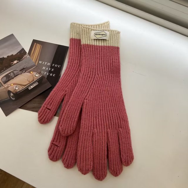 Guantes de punto de cinco dedos de otoño e invierno de lana para exteriores, resistentes al frío, cálidos, con contraste de color, guantes para pantalla táctil