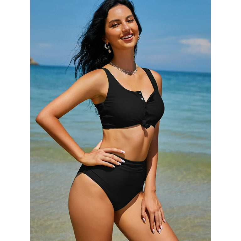  ZAFUL Women's Knotted Front Tankini High Waisted Bikini Scoop  Neck Swimsuit Tops (0-Black,S) : Clothing, Shoes & Jewelry