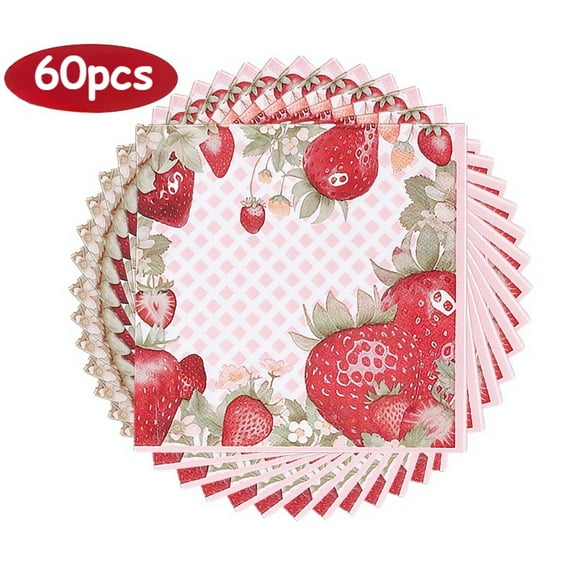 Strawberry Paper Napkins 60 Pieces Disposable Fruit Theme Napkins Decorations for Baby Shower/Birthday(Fold 6.5in Unfolded 13in)