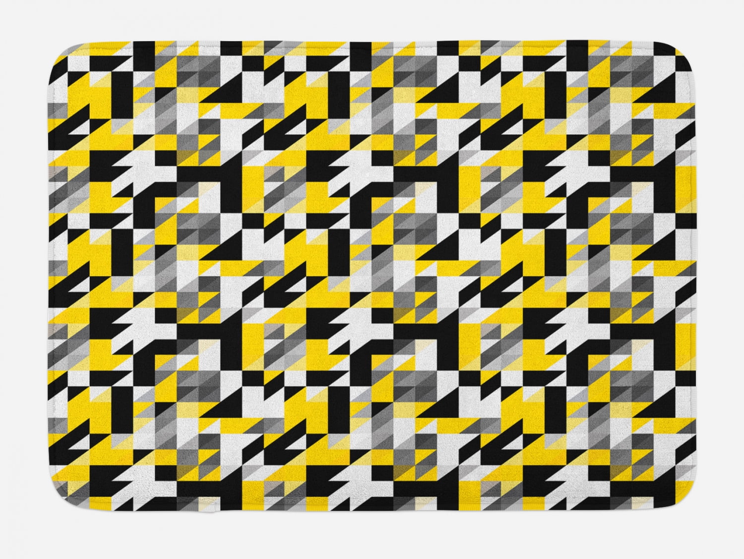 Yellow and White Bath Mat, Geometric Design with Triangles Squares and