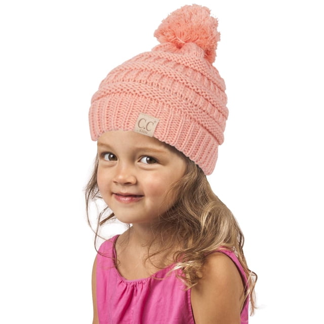 Gravity Threads Kids Warm Cable Knit Thick Soft Beanie w/ Pom - Peach