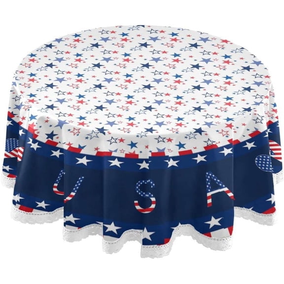 4th of July Round Tablecloth 60 Inch Patriotic Red White Blue American Flag Washable Table Cloth Lace Polyester Independence Memorial Day Table Cover for Kitchen Dinning Parties Holiday