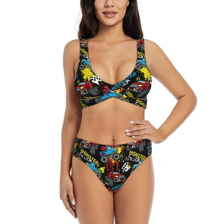 Zeuib Monster Car High Waisted Tummy Control Bikini Set - Knot Front Push Up Top & Cheeky Thong Bottom  Two-Piece Swimsuit for Women-Large