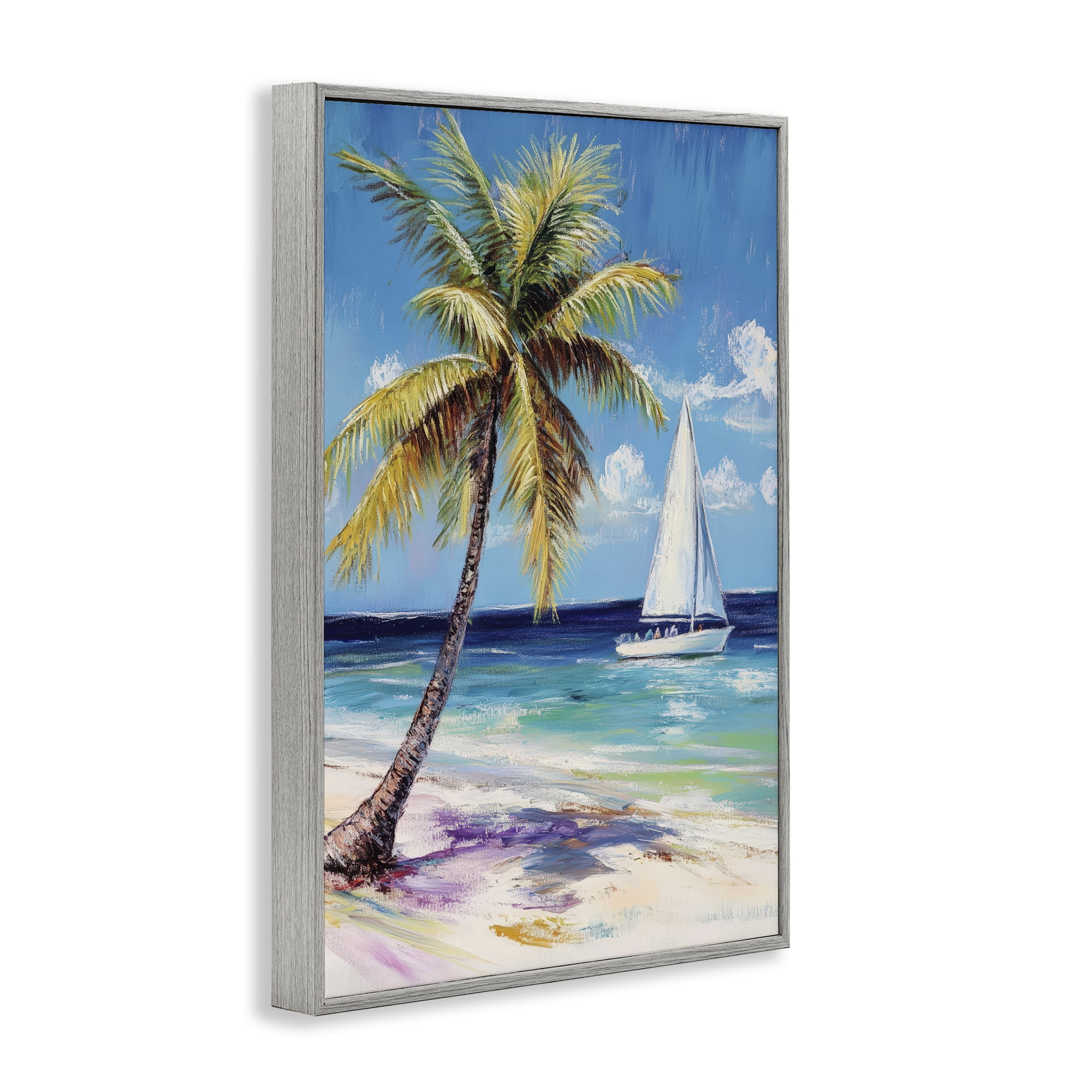 Stupell Industries Sailboat Delight with Palm Tree Gray Framed Giclee Art, design by Petal Prints Design