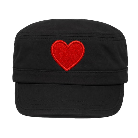 Women's Cadet Hat with Red Heart Cute Adjustable Short Brim Cap, Black