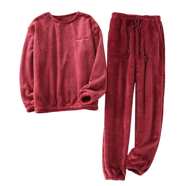 Timegard Ensemble de Pyjamas en Flanelle 2 Pcs pour Femmes Col Rond Manches Longues Hauts Pantalons à Cordon avec Poche Tenue de Détente