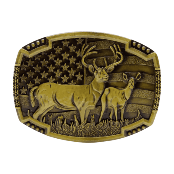 Men Gold Metal Belt Buckle Deer Hunter Western Fashion Accessory USA Flag