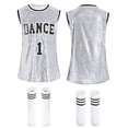 thumbnail image 5 of Aislor Kids Girls Hip Hop Dance Sequin Jazz T-Shirt Dress Cheerleading Long Tank Top with Socks Silver 120, 5 of 7