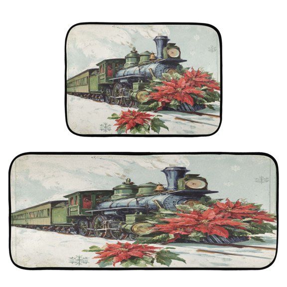 2-Piece Kitchen Rugs Set Non-Slip Mats Carpet Floor for Kitchen, Bathroom (19.7"x27.6" & 19.7"x47.2") Old Train with Flowers