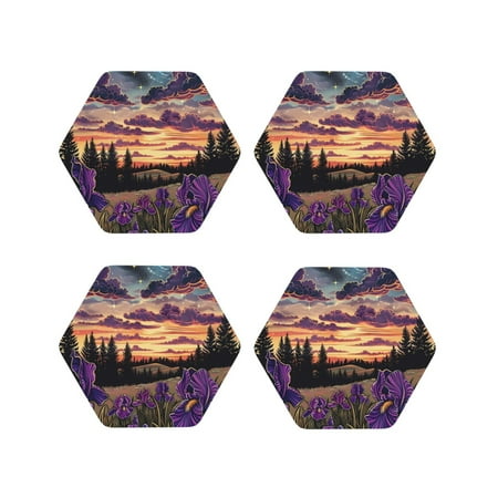 

Drink Coasters Set of 4 Starry Night Purple Irises Leather Coasters for Coffee Table Protector Heat Resistant Cute Coasters for Home Decor Housewarming Gifts Bar Kitchen 4 Inch Hexagon