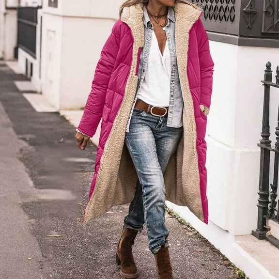 Mifsaly Long Winter Coats for Women Fleece Lined Zip up Hooded Padded Jacket Reversible Thicken Warm Sherpa Quilted Coat Long Sleeve Soild Parka Outerwear Oversized Thermal Puffer Jacket with Pockets