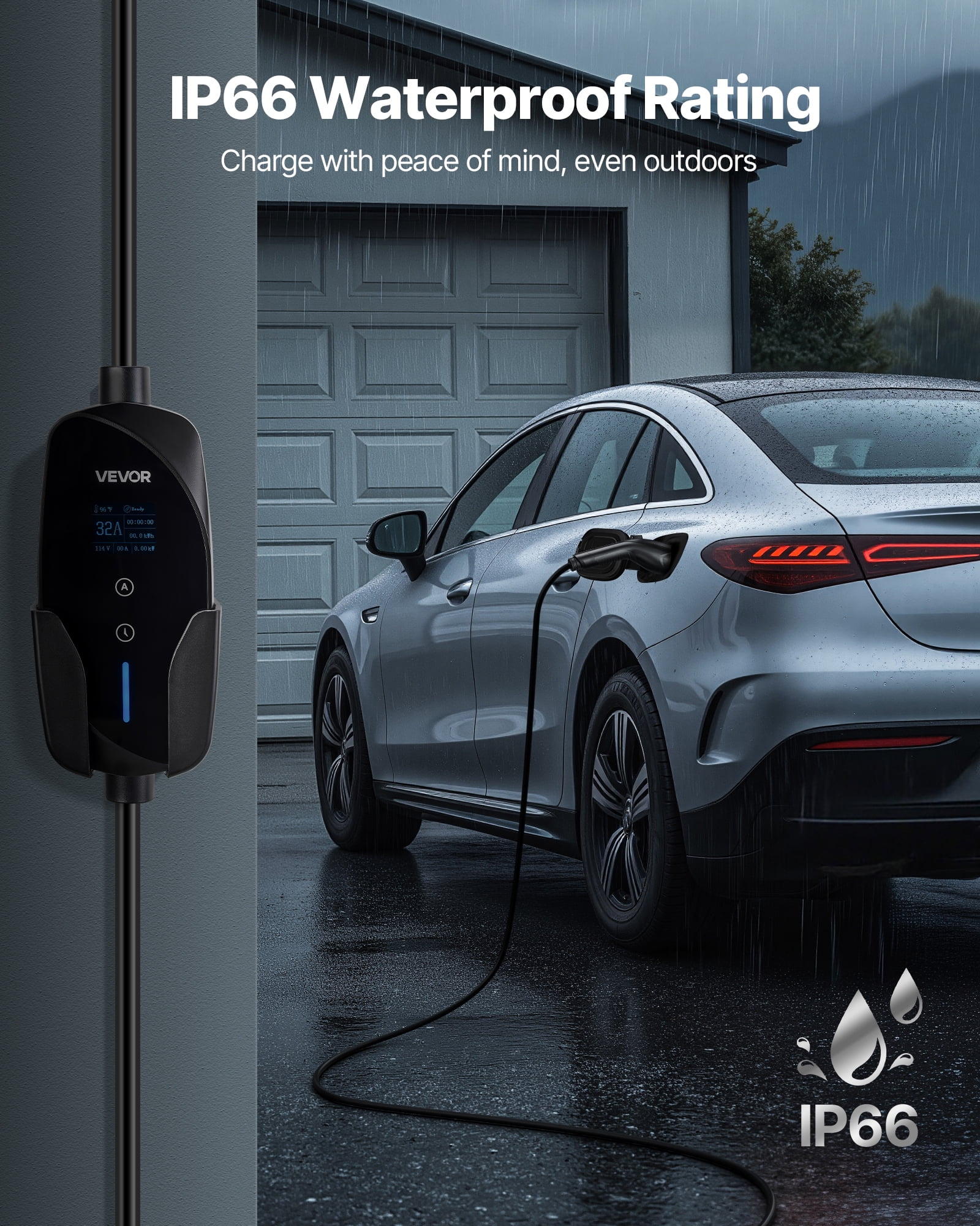 VEVOR Level 2 EV Charger,32 Amp Adjustable Current,240V Electric Vehicle Portable Charger with 25 ft Charging Cable,NEMA 14-50P Plug,LCD Display, Plug-in Home Car Charging Station for SAE J1772 EV