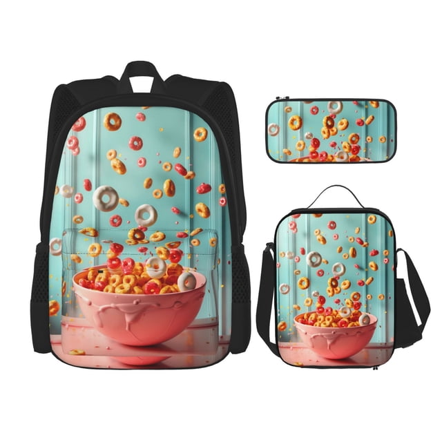 Fotbe Floating Colorful Cereal Set Escolar 3 en 1 para Niños - Mochila Duradera con Lonchera Aislante y Estuche para Lápices - Mochila Escolar para Niños y Niñas