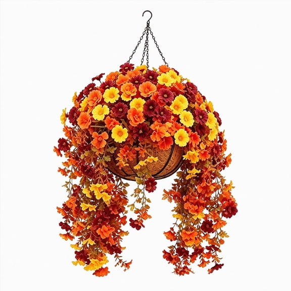 Artificial Hanging Flower Basket with Maple and Chrysanthemum for Indoor and Outdoor Decor,1PC
