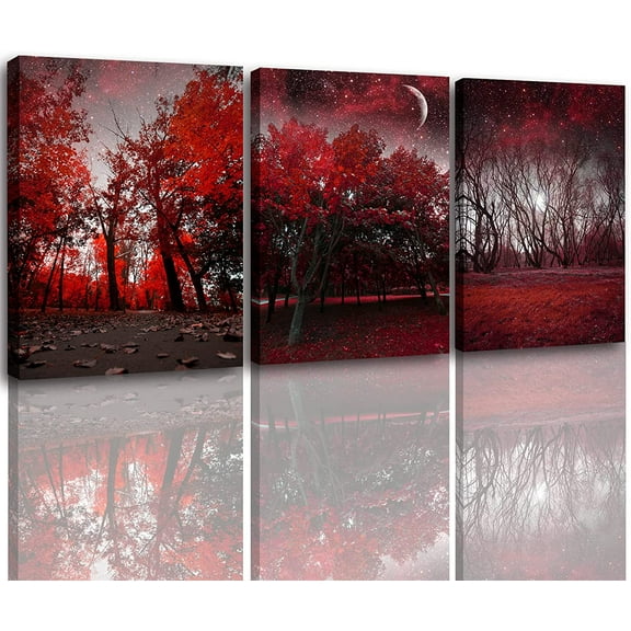 Landscape Wall Art for Living Room Red Tree Canvas Wall Art Modern Nature Forest Canvas print Painting for Bedroom Bathroom Wall Decor Artwork Pictures Framed Wall Art -12x16inchesx3panels