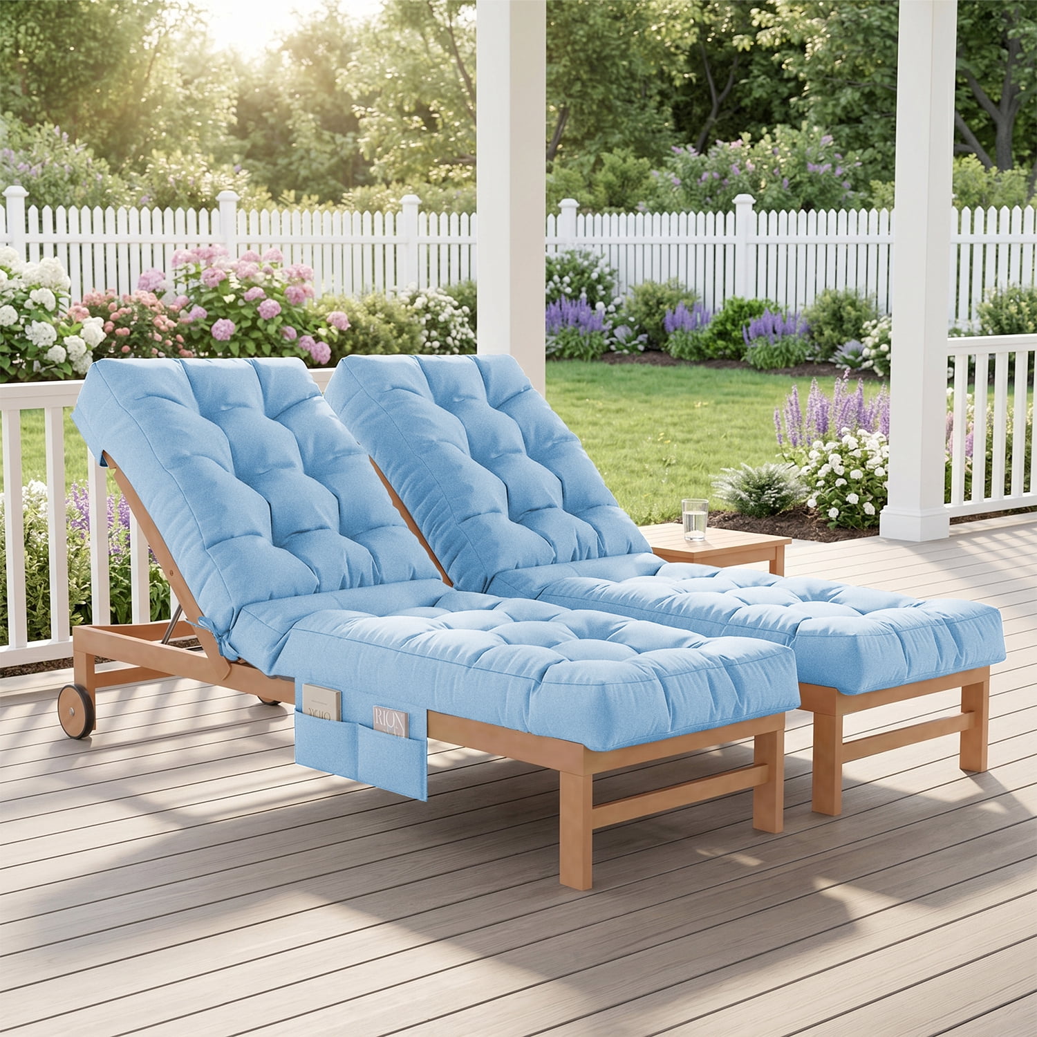 BaPiPro Sky Blue 2-Pack Outdoor Chaise Lounge Cushion with Side Pocket, Triple Non-Slip Fixation, All-Weather Durable & Soft Fabric, Thickened Padding, Ideal for Patio and Poolside Use