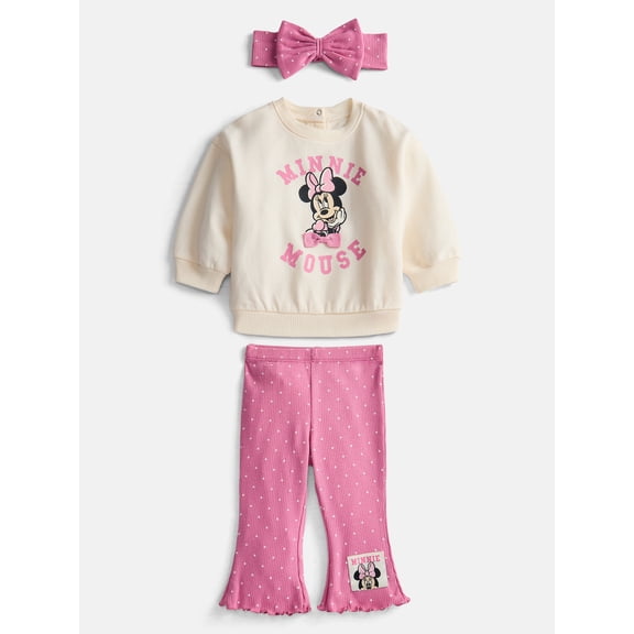 Minnie Mouse Baby Girl’s Crewneck Sweatshirt, Leggings and Headband Set, 3 Piece, Sizes 0/3M-24M