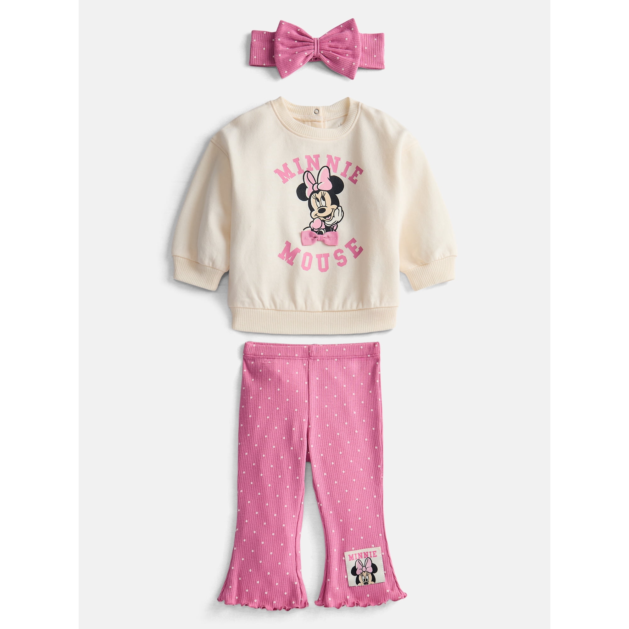Minnie Mouse Baby Girl’s Crewneck Sweatshirt, Leggings and Headband Set, 3 Piece, Sizes 0/3M-24M