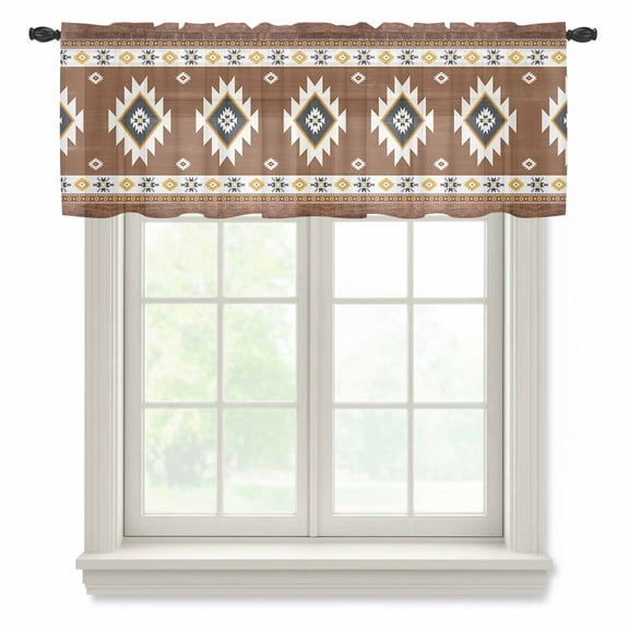 Southwest Valance Curtains for Kitchen/Living Room/Bathroom/Bedroom Window,Rod Pocket Small Topper Half Short Window Curtains Sheer Scarf,Western Brown Yellow Geometric Abstract Art Wooden 42"x12"