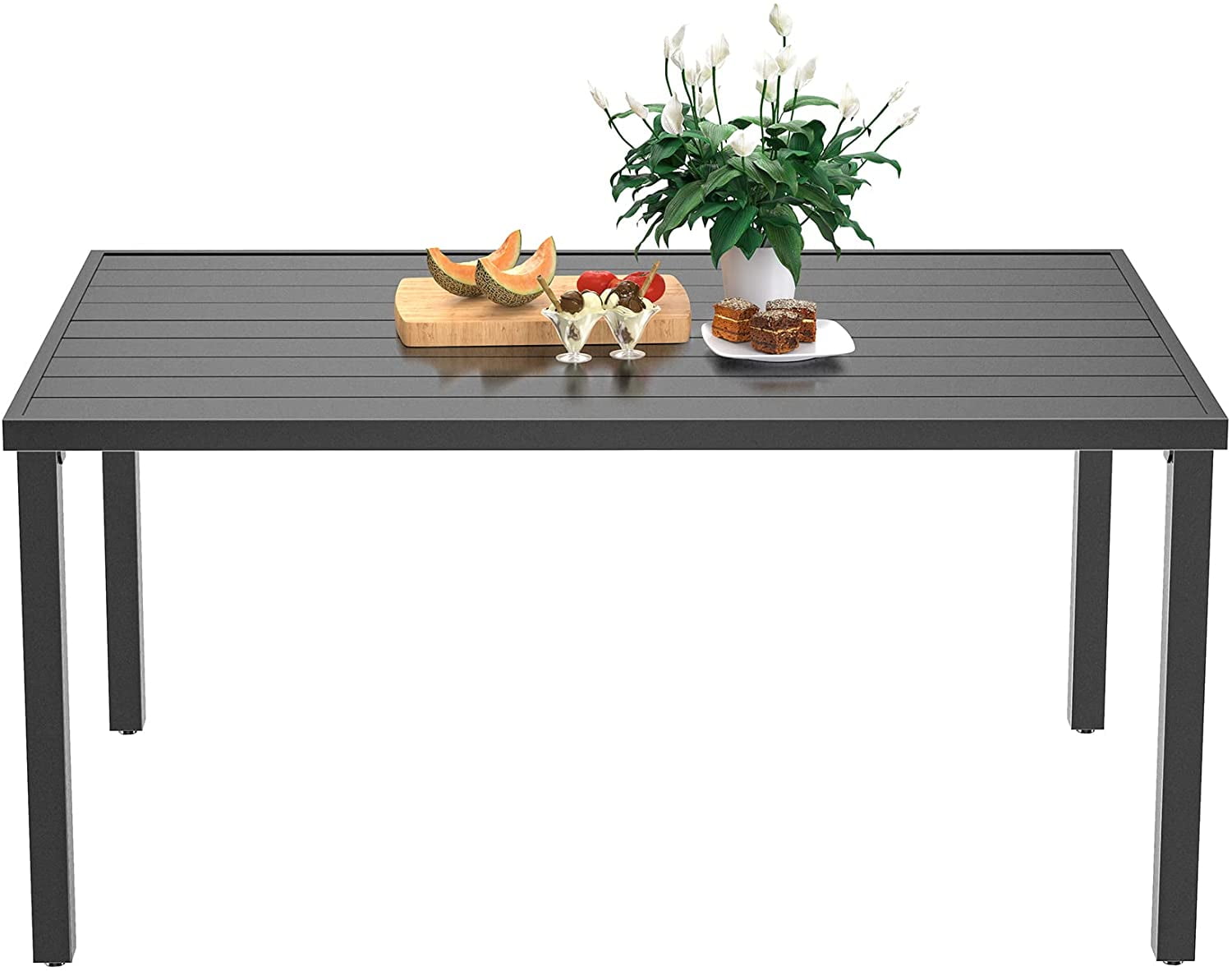 Bigroof Outdoor Table 60' Patio Galvanised Steel Metal Classic Rectangle Black Dining Table with 1.57' Umbrella Hole for Garden, Backyard, Deck