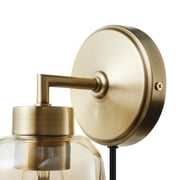 Globe Electric 1-Light Matte Brass Plug-in or Hardwire Indoor Wall Sconce, Smoked Amber Glass Shade