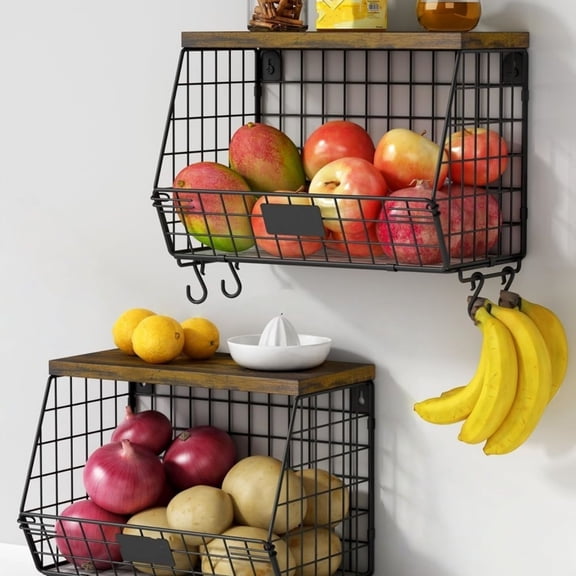 Hanging Wall Fruit Basket for Kitchen Counter 2 Pack, Stackable Wire Baskets for Organizing with Wood Lid, Potato and Onion Storage Bin with Banana Hook for Vegetable Produce, Black Rustic