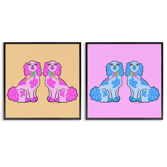 Stupell Industries Brightly Colored Posh Pooches Animals Painting Black Framed Art Print Wall Art, 12 x 12, Set of 2